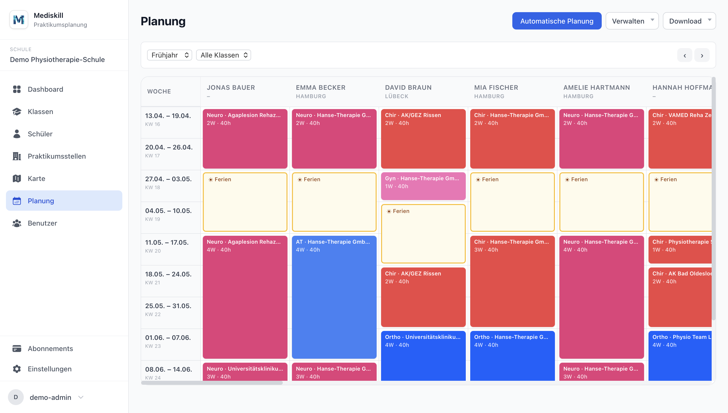 Mediskill Planungsansicht – Praktikumsplanung für alle Schüler auf einen Blick